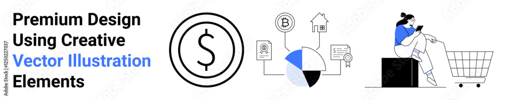 Dollar symbol, pie chart with icons, woman checking phone beside shopping cart. Ideal for finance, e-commerce, data analysis, budgeting, digital wallets, marketing flat landing page banner Dollar symbol, pie chart with icons, woman checking phone beside shopping cart. Ideal for finance, e-commerce, data analysis, budgeting, digital wallets, marketing flat landing page banner
