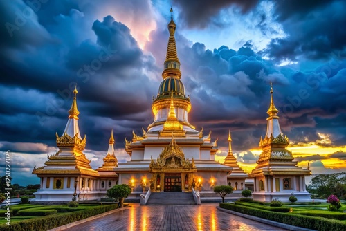 Majestic Phra Maha Chedi Chai Mongkol at Night, Illuminated Stupa, Low Light Temple Photography, Thailand photo