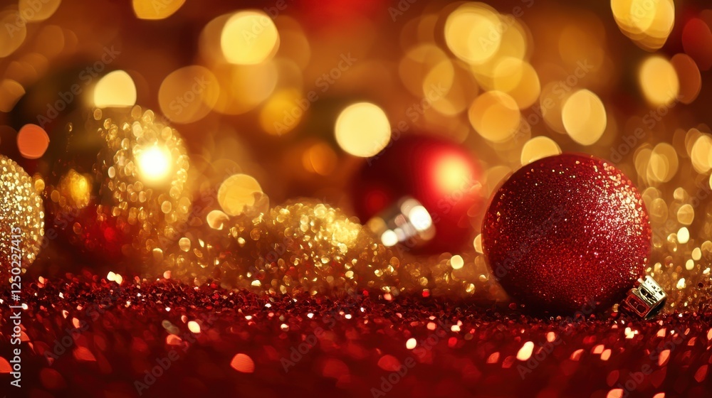 Shimmering Christmas Close-up of Sparkling Red and Gold Ornaments with Bokeh Lights for a Festive Holiday Background Shimmering Christmas Close-up of Sparkling Red and Gold Ornaments with Bokeh Lights for a Festive Holiday Background