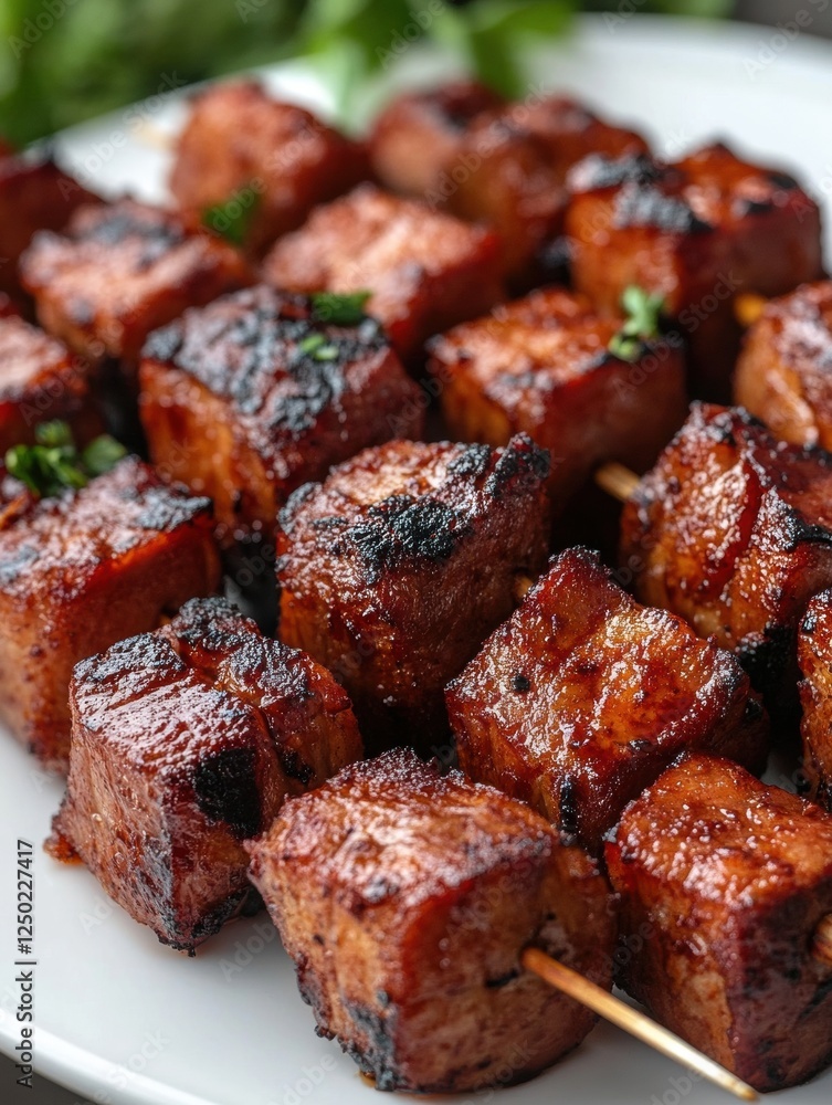 Delicious grilled meat skewers on a plate. Delicious grilled meat skewers on a plate.