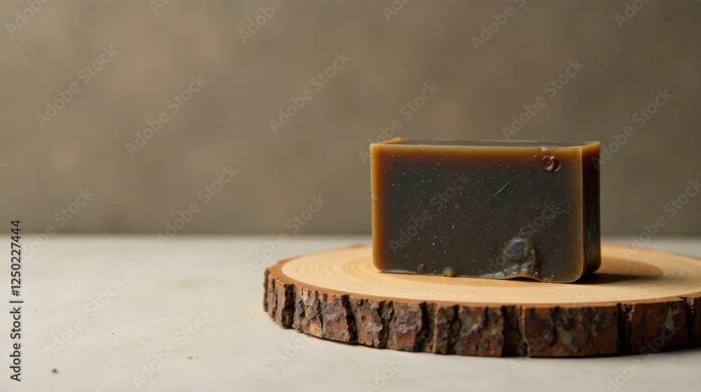 Dark Brown Soap Bar on Rustic Wooden Slab Dark Brown Soap Bar on Rustic Wooden Slab