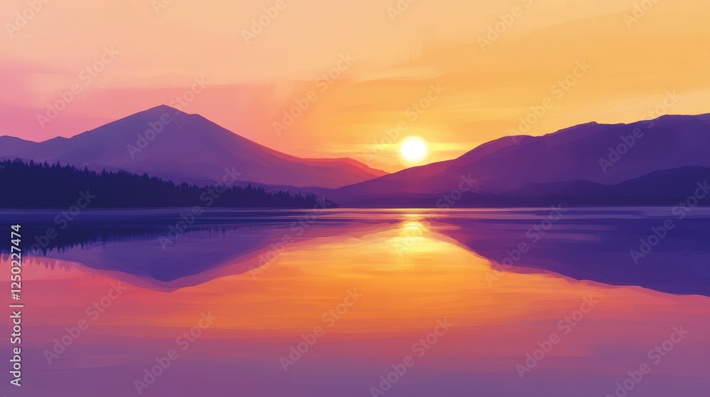 Serene Lake at Sunset with Mountain Silhouette and Vibrant Reflections, Illustration. Serene Lake at Sunset with Mountain Silhouette and Vibrant Reflections, Illustration.