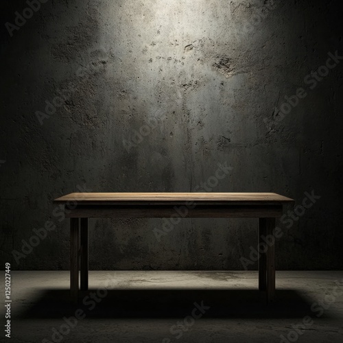 Empty wooden table, dark room, spotlight, concrete wall photo