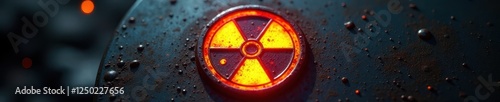 Glowing trefoil radioactive warning sign on metal , nuclear, atomic, warning