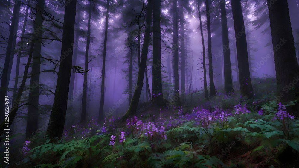 Obraz premium A mystical forest with tall trees and glowing purple flowers, fog hovering above the ground, and the entire scene bathed in an ethereal purple light.