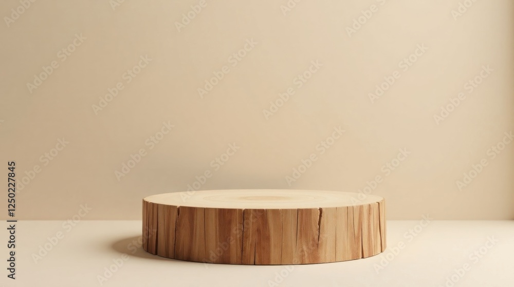 Minimalist Wooden Round Display Platform on Neutral Background Minimalist Wooden Round Display Platform on Neutral Background
