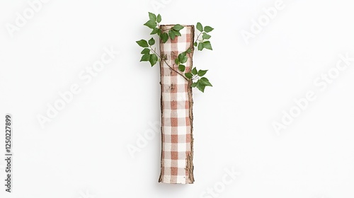 Rustic wooden pillar with checkered fabric and green ivy leaves against a white background