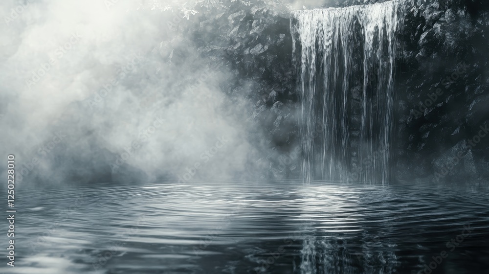 Mystical Waterfall with Fog and Rippling Water, Monochrome Landscape. Mystical Waterfall with Fog and Rippling Water, Monochrome Landscape.