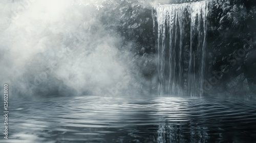 Mystical Waterfall with Fog and Rippling Water, Monochrome Landscape.