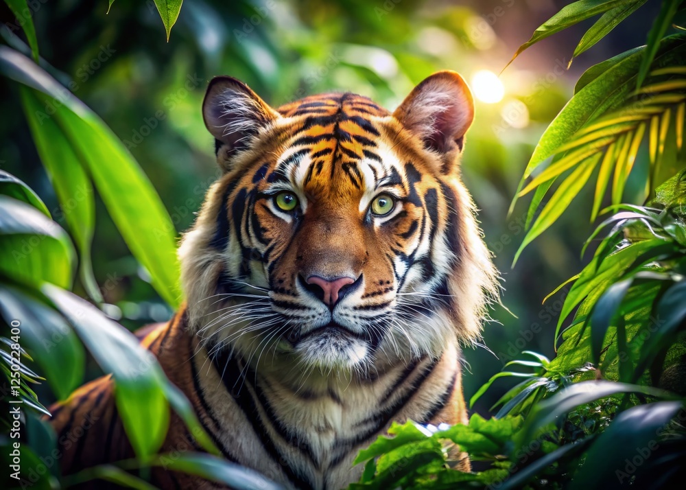 Fototapeta premium Majestic Tiger Hidden in Lush Jungle, Bokeh Background
