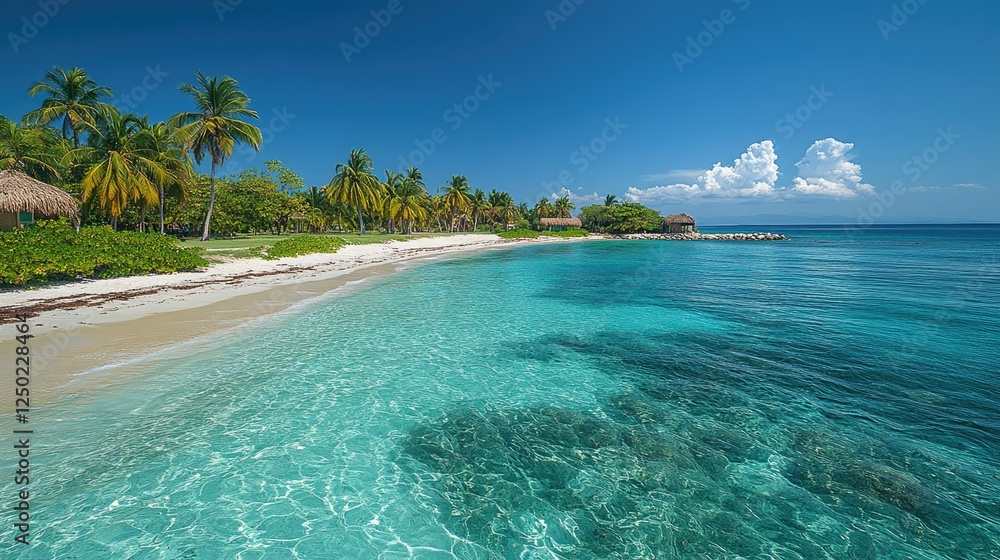 Fototapeta premium Serene tropical beach with clear turquoise waters, palm trees, and distant clouds under blue sky