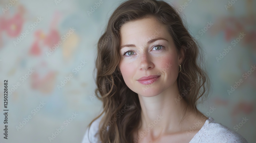 Woman With Long Hair and Natural Makeup Smiles Gently in Front of a Pastel Background in a Softly Lit Space Woman With Long Hair and Natural Makeup Smiles Gently in Front of a Pastel Background in a Softly Lit Space