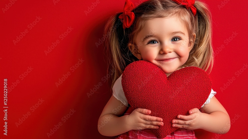 Happy Child Smiling While Holding Red Heart on Red Background Happy Child Smiling While Holding Red Heart on Red Background