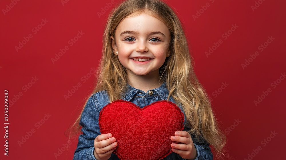 Young Girl Smiling with Red Heart Against Bright Red Background Young Girl Smiling with Red Heart Against Bright Red Background