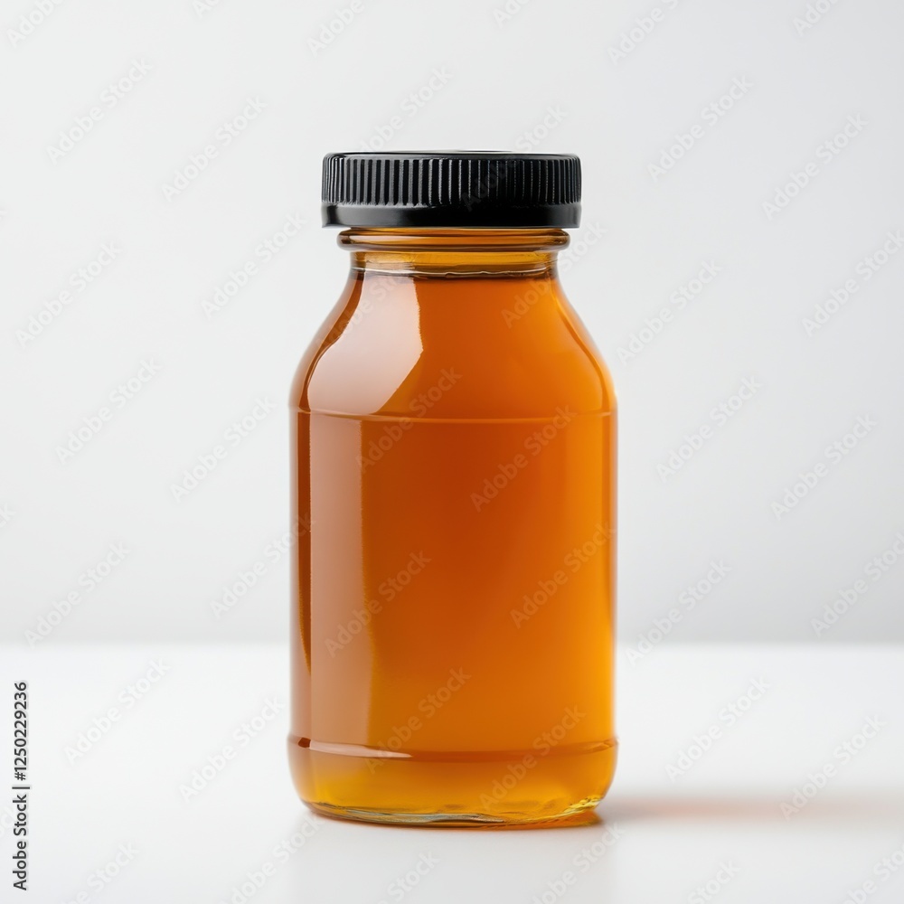 Glass jar filled with amber liquid on light background showcasing beverage or food product presentation Glass jar filled with amber liquid on light background showcasing beverage or food product presentation