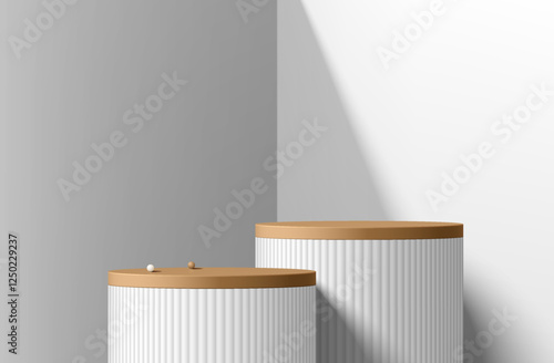 3D round white podium background with wooden topper, sphere ball. Abstract geometric composition minimalist design. Studio display showroom stands product pedestal, Fashion stage showcase mockup scene