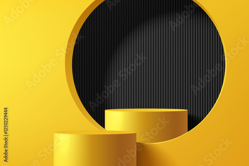 3D yellow round podium background with black circle window. Abstract composition minimalist design. Studio display showroom cosmetic stand product pedestal, Fashion stage showcase mockup wall scene.