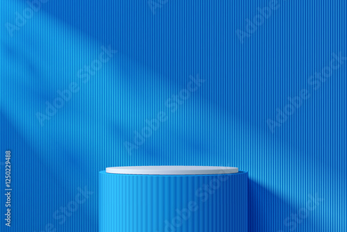 3D round blue podium background with window light and shadow. Abstract composition minimalist design. Studio display showroom cosmetic stand product pedestal, Fashion stage showcase mockup wall scene.