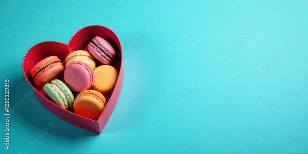 Sweet Delights in a Heart-Shaped Box Colorful Macarons on a Teal Background Sweet Delights in a Heart-Shaped Box Colorful Macarons on a Teal Background