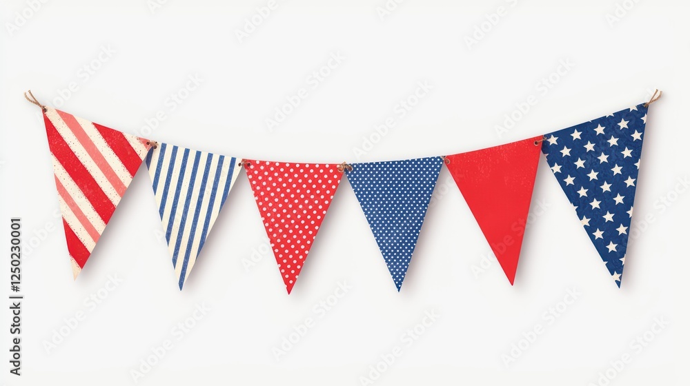 Obraz premium A colorful bunting with red, white, and blue patterns, including stripes and polka dots, perfect for festive occasions.