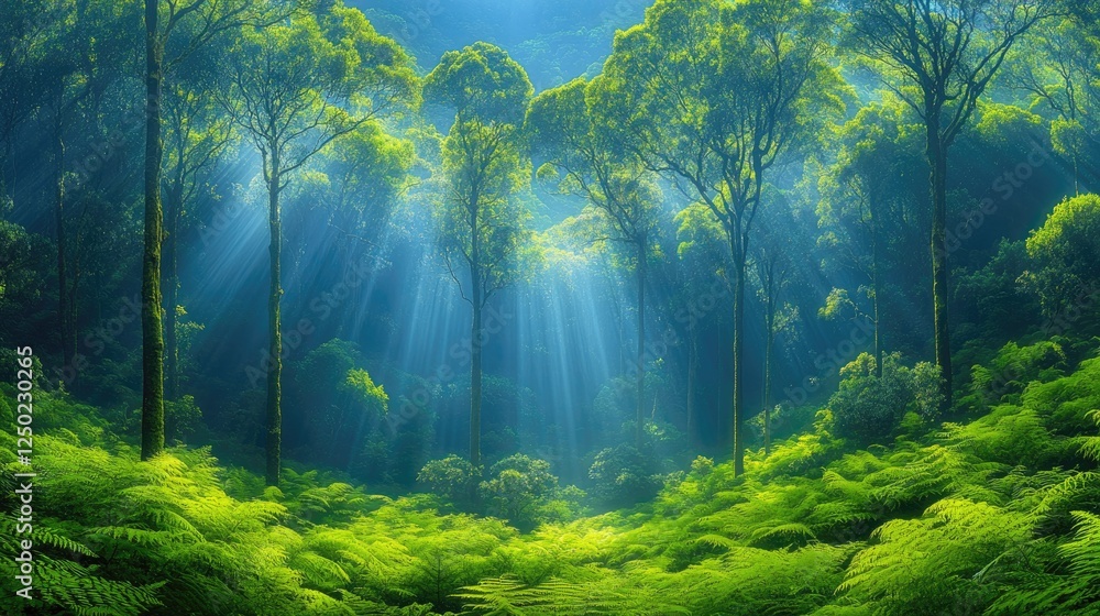 Fototapeta premium Lush green forest with sunlight filtering through tall trees and vibrant ferns in the undergrowth