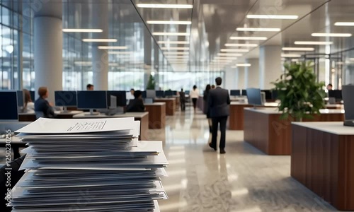 Modern office interior with busy workers and paperwork