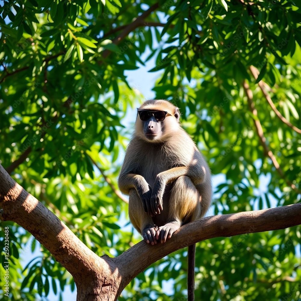 Fototapeta premium A hamadryas monkey wearing sunglasses sits on a tree branch.
