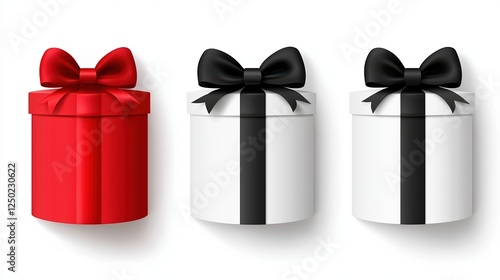 Three gift boxes: one red, one white, and one black, each adorned with elegant bows, perfect for celebrations and special occasions.