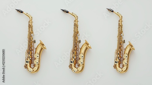 Three elegant saxophones displayed against a simple background, showcasing their shiny brass finish and intricate details.