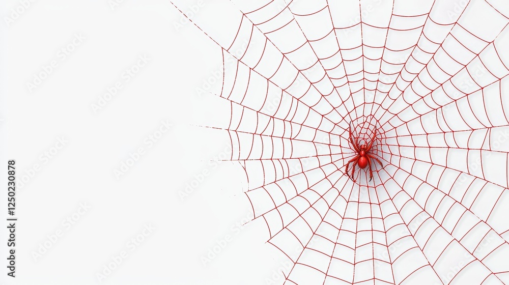 Obraz premium A detailed spider web with a bright red spider at its center, set against a clean, white background, creating a striking visual contrast.