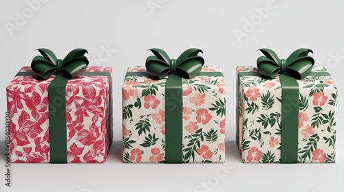 Three beautifully wrapped gift boxes with floral patterns and green ribbons, perfect for any occasion.