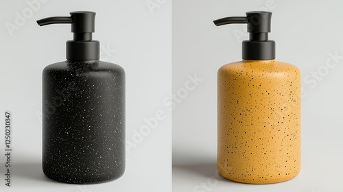 Two stylish soap dispensers, one black with speckles and one amber, showcasing modern design for contemporary bathrooms or kitchens.
