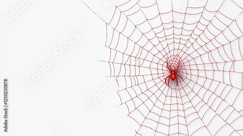 A detailed spider web with a bright red spider at its center, set against a clean, white background, creating a striking visual contrast.