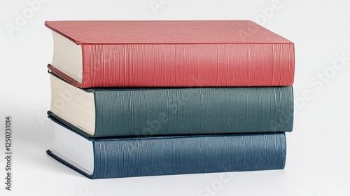 A stack of three colorful books, featuring a red top, blue middle, and white bottom, set against a clean background.