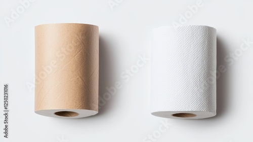 Two rolls of paper towels, one brown and one white, displayed side by side against a minimalistic background.