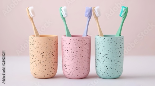 Three pastel-colored toothbrush holders with bamboo toothbrushes, arranged against a soft pink background, creating a modern and stylish bathroom aesthetic.