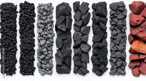 A collection of various types of coal and charcoal, displayed in distinct rows showcasing their textures and colors.