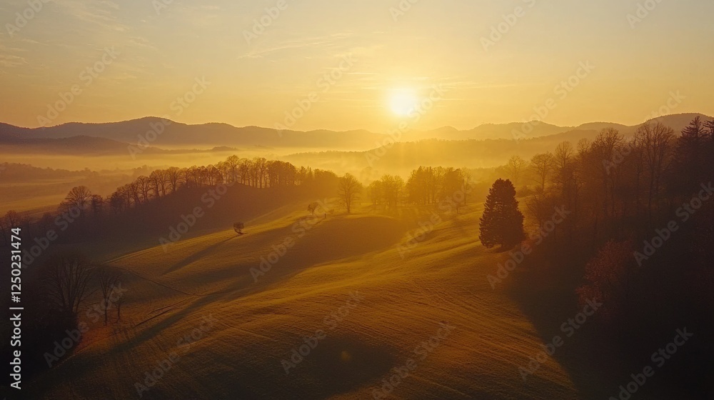 Obraz premium Serene Sunrise Over Rolling Hills and Misty Valley Landscape