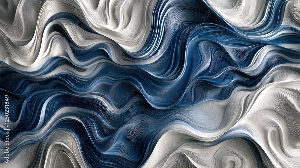 Fototapeta premium Abstract waves of blue and white create a fluid, textured design.