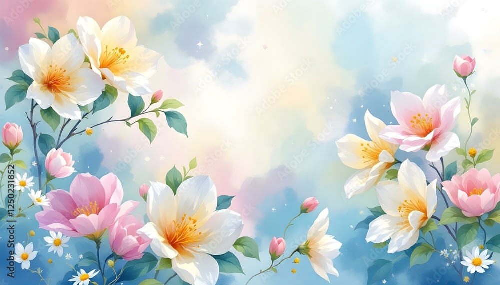 Beautiful Watercolor Flowers Pastel Sky Painting Print Beautiful Watercolor Flowers Pastel Sky Painting Print