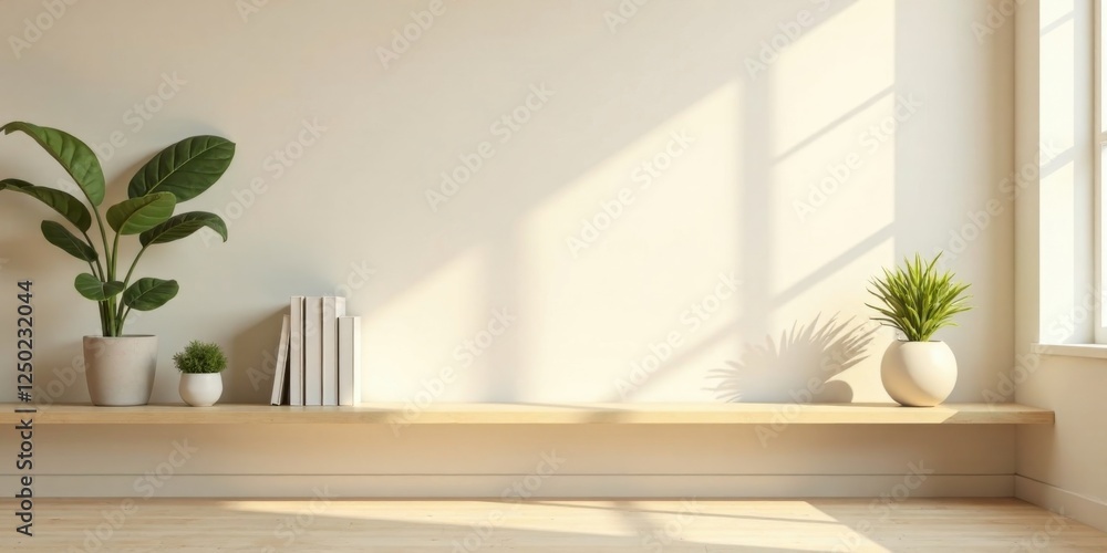 Fototapeta premium Minimalist Home Decor Light Wood Shelf with Plants and Books