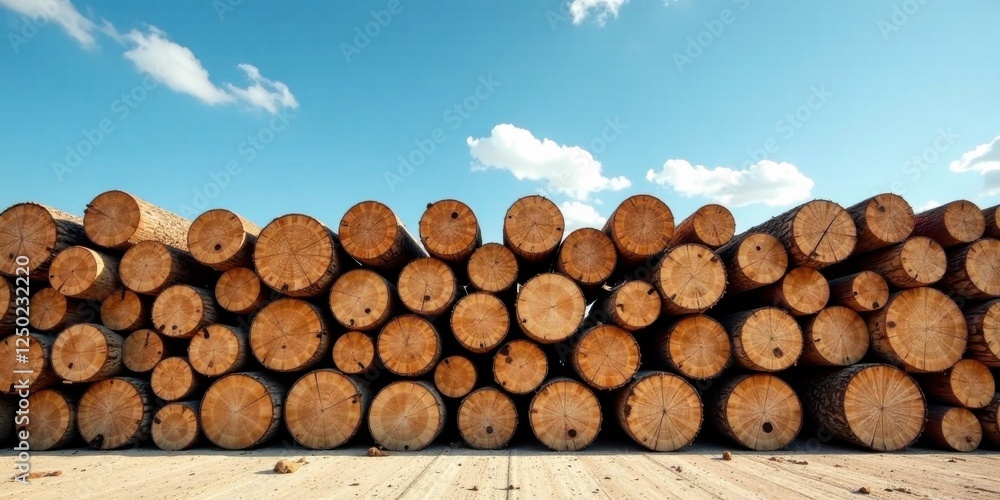 A large stack of neatly arranged logs against a vibrant blue sky with fluffy white clouds A large stack of neatly arranged logs against a vibrant blue sky with fluffy white clouds