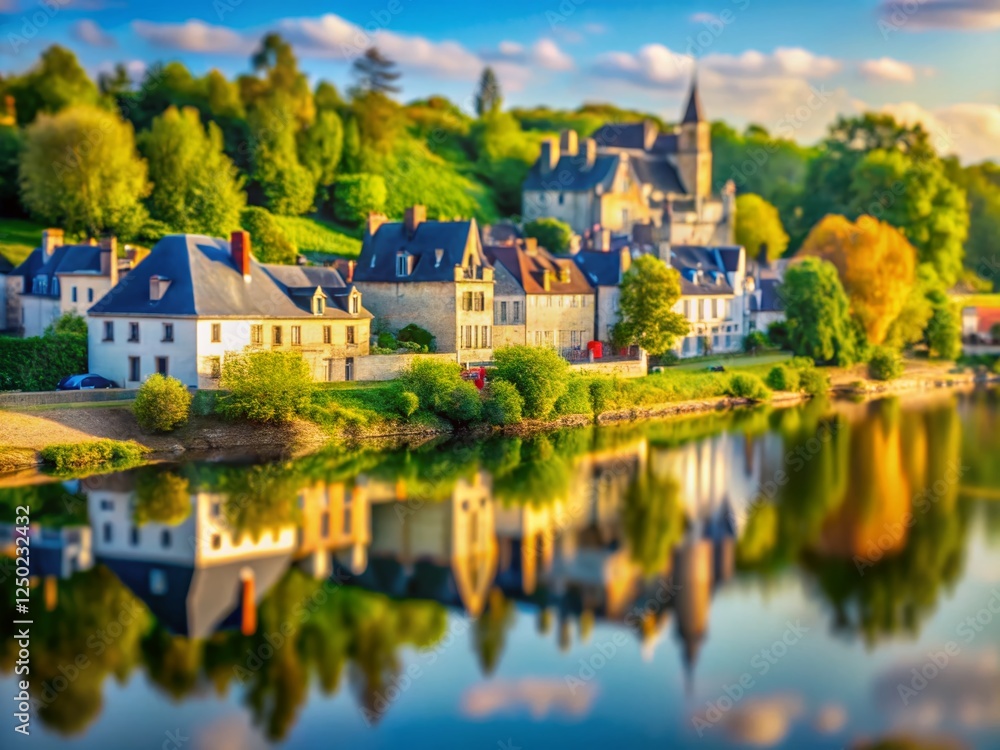 Miniature Loire River Reflection, Tilt-Shift Photography, France Miniature Loire River Reflection, Tilt-Shift Photography, France