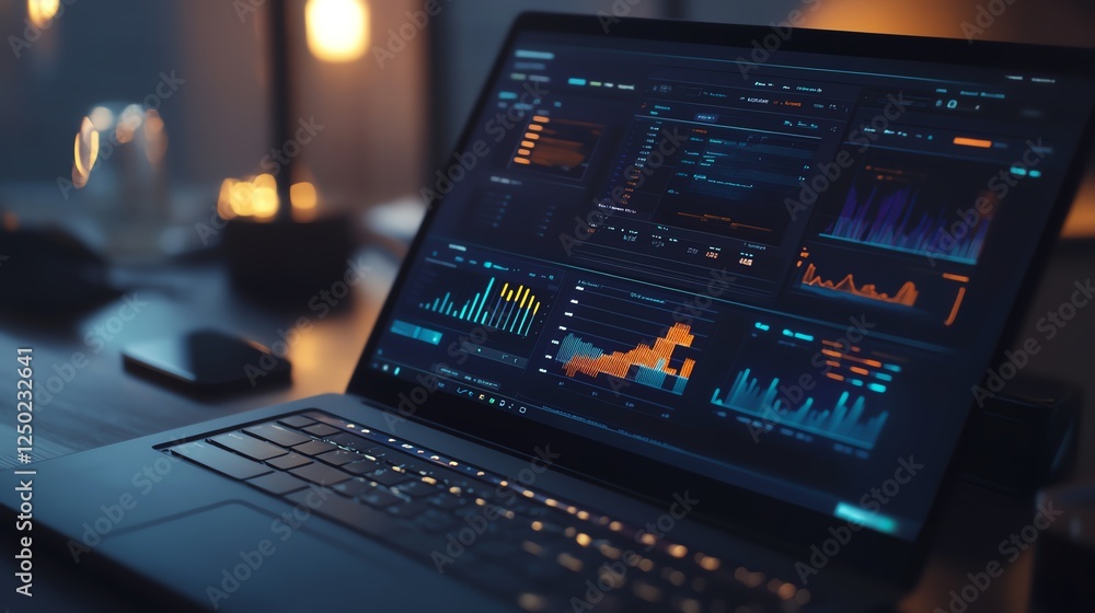 Computer Screen Displaying Complex Data Analytics and Graphs at Night on a Wooden Desk With Warm Ambient Lighting Computer Screen Displaying Complex Data Analytics and Graphs at Night on a Wooden Desk With Warm Ambient Lighting