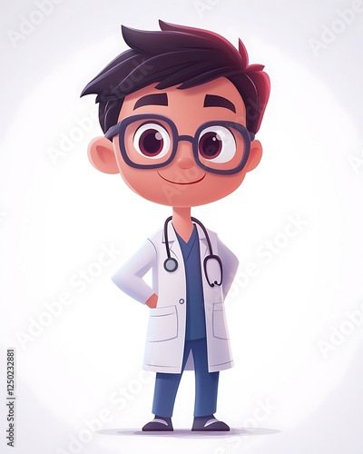 Cute boy doctor illustration, confident pose, bright background