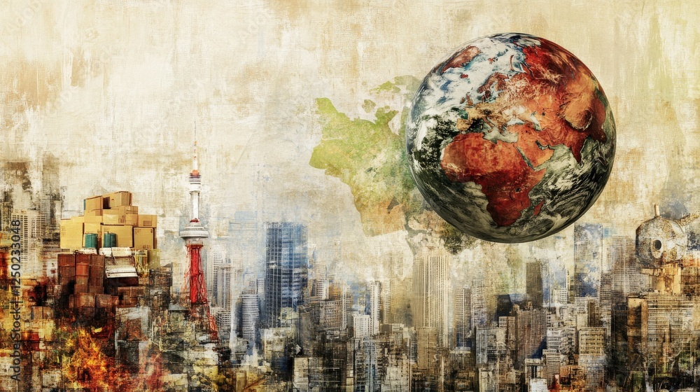 Fototapeta premium Global Trade Concept with Earth and City Landscape in Abstract Artistic Representation