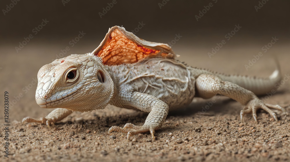 Fototapeta premium Unique Lizard With Striking Scales and Distinctive Fringe Seen Basking on Sandy Ground in a Natural Habitat