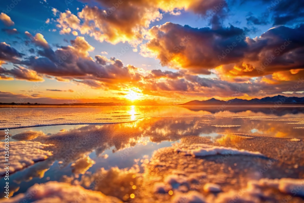 Fototapeta premium Miniature Sunset over Salt Flats: A Tilt-Shift Dream