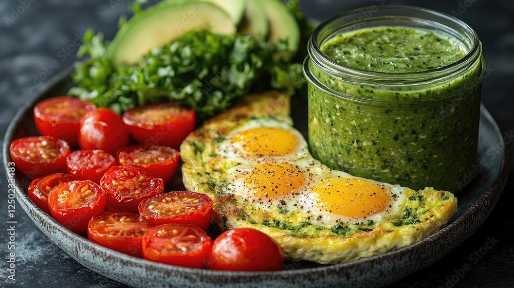 A vibrant plate of healthy breakfast featuring avocado, greens, tomatoes, and a green sauce A vibrant plate of healthy breakfast featuring avocado, greens, tomatoes, and a green sauce