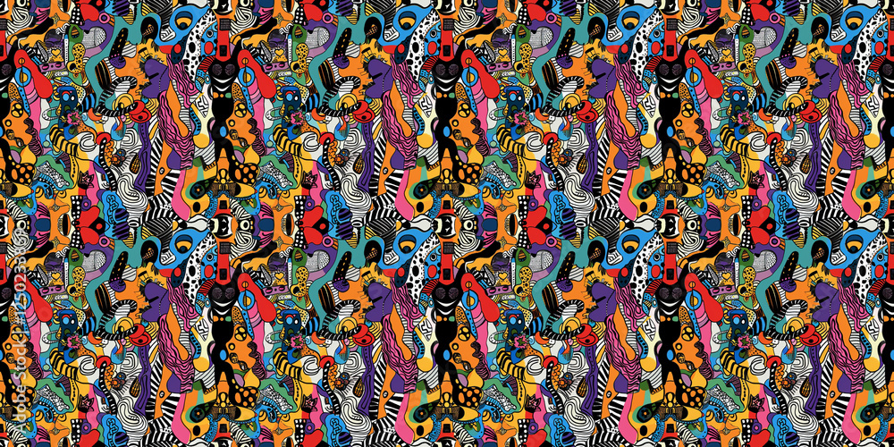 Fototapeta premium Cartoon hand-drawn doodles on the subject of summer holidays theme seamless pattern